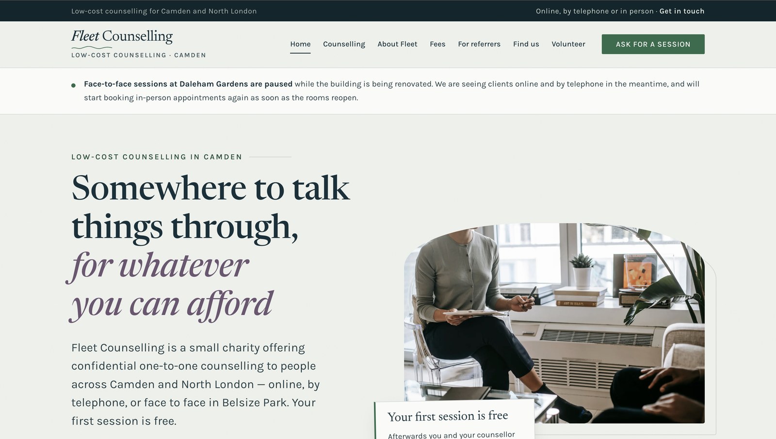 Fleet Counselling charity website