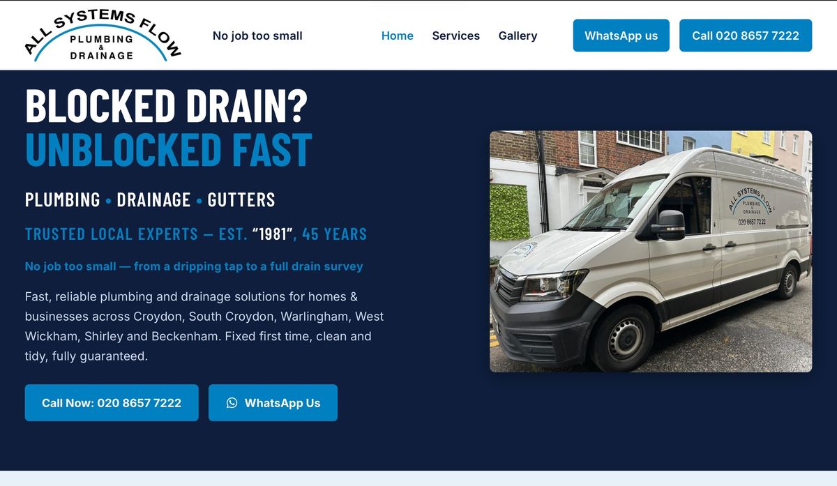 All Systems Flow homepage: blue header, blocked drain headline and a photo of the company van