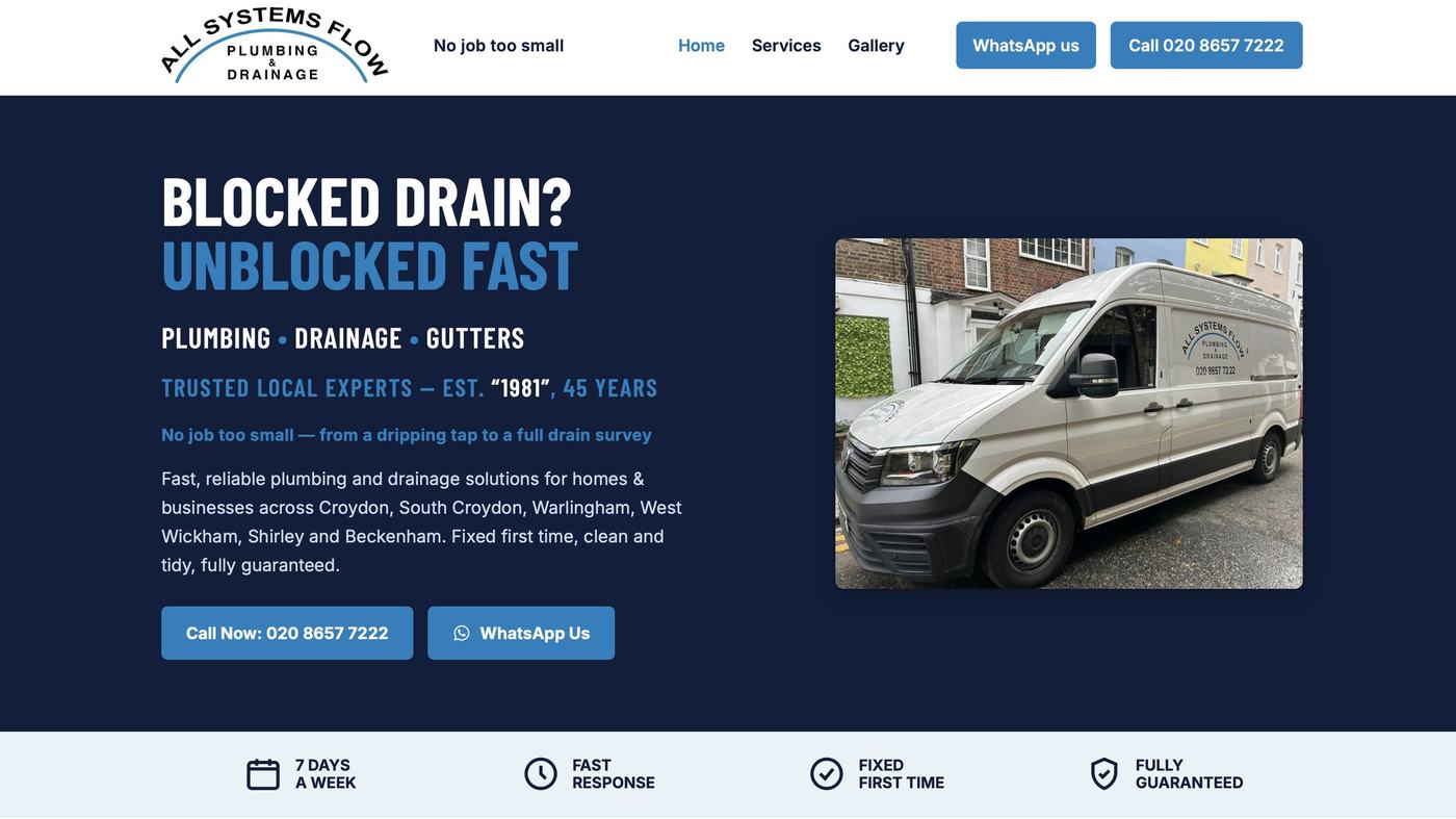 The new All Systems Flow homepage: white header with WhatsApp and call buttons, navy hero with a bold headline and a photo of the van