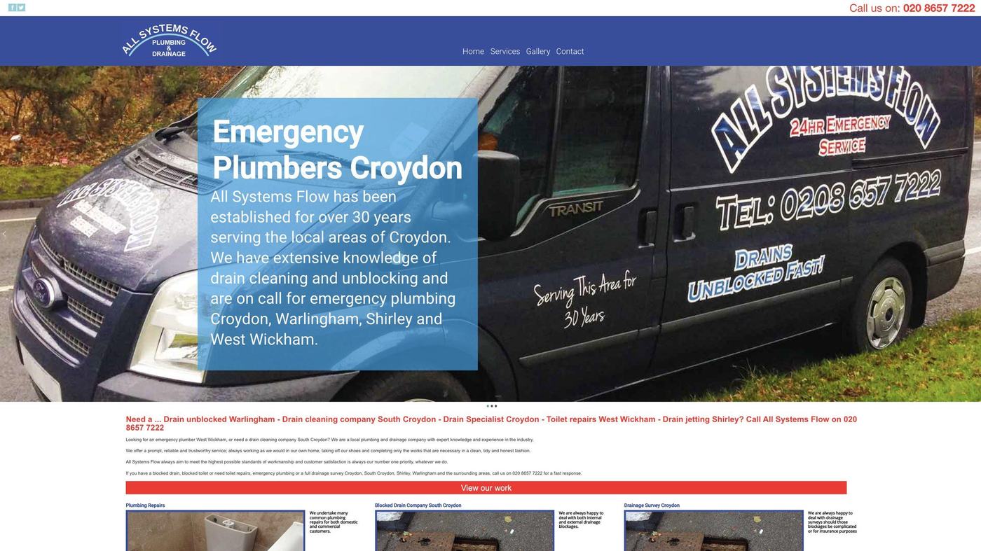 The old All Systems Flow homepage: blue header, slideshow of a van, a block of keyword-stuffed text