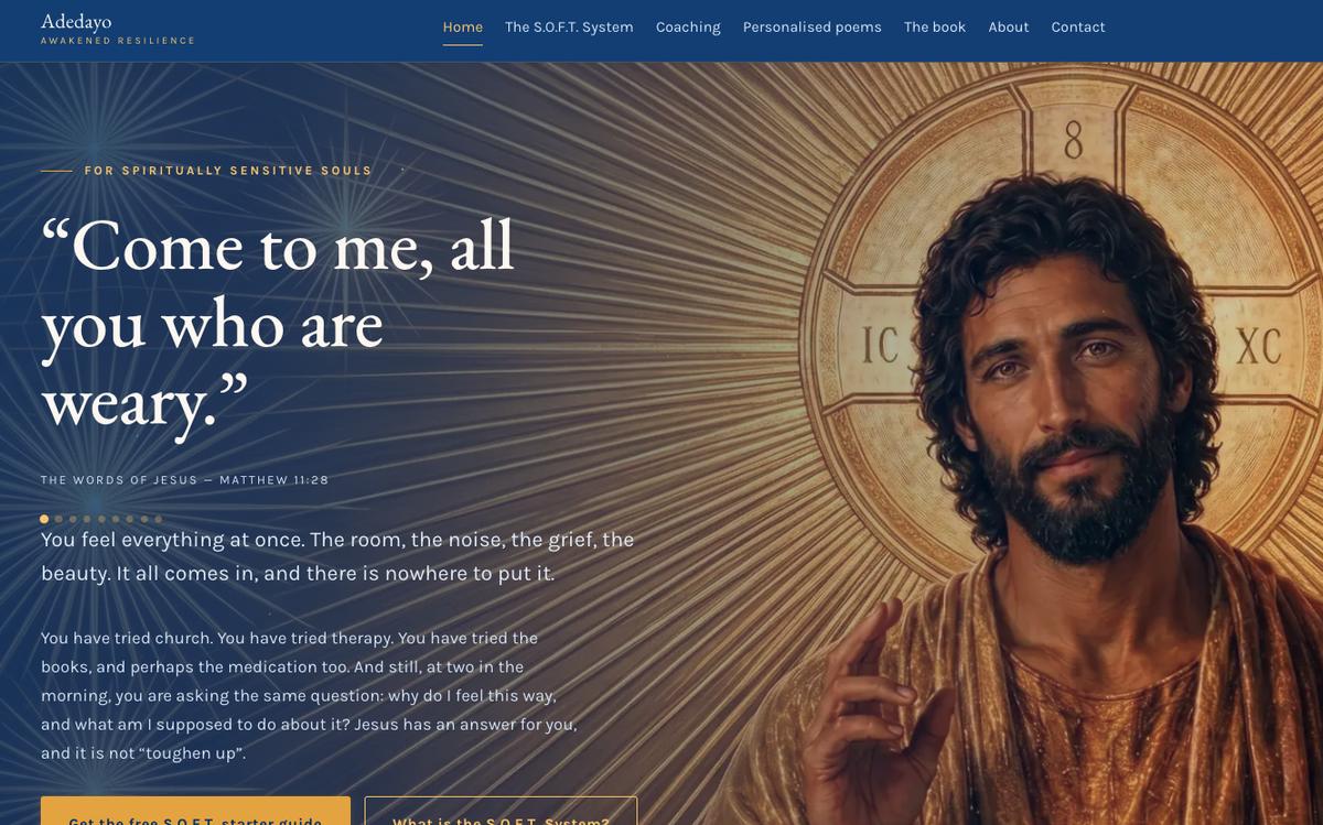 Awaken Resilience homepage: navy header, large quote headline and a painted portrait
