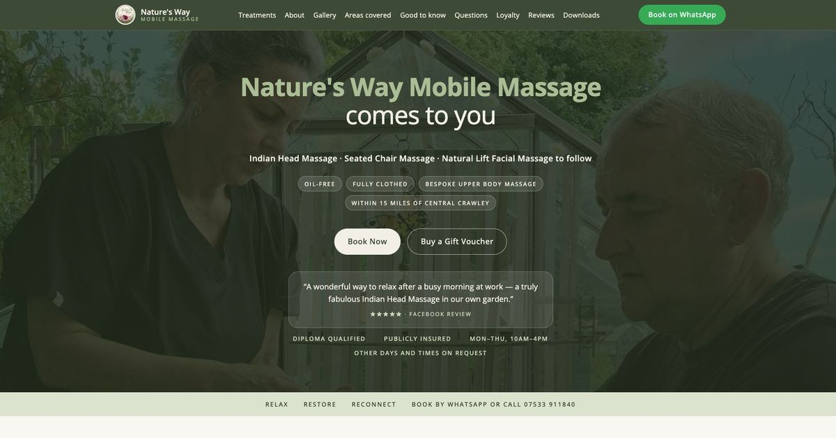 Nature's Way Mobile Massage homepage: green header, treatment list and booking buttons