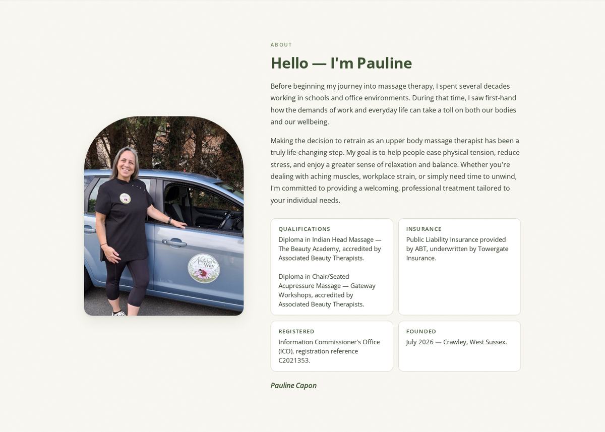 About section: photo of Pauline by her car, her story, and cards for qualifications, insurance, ICO registration and founding date