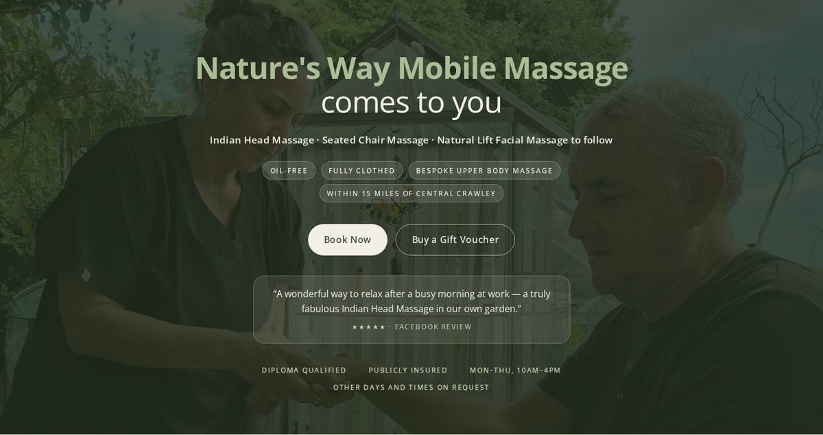 Nature's Way homepage hero: dark green photo background, the headline, tags, Book Now button and a Facebook review