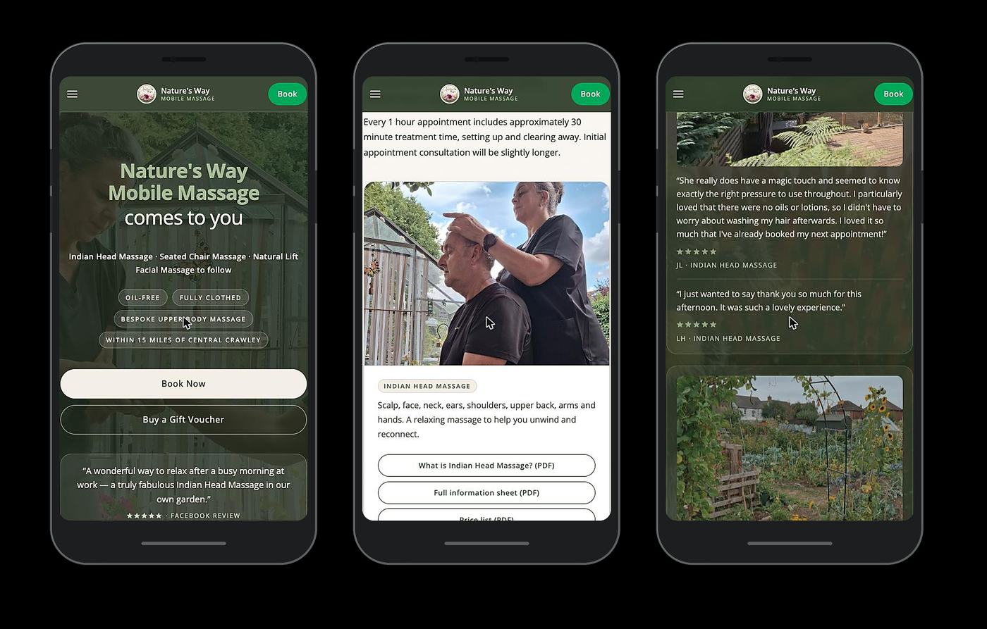 Three phones showing the Nature's Way site: the hero, the treatments card and the reviews