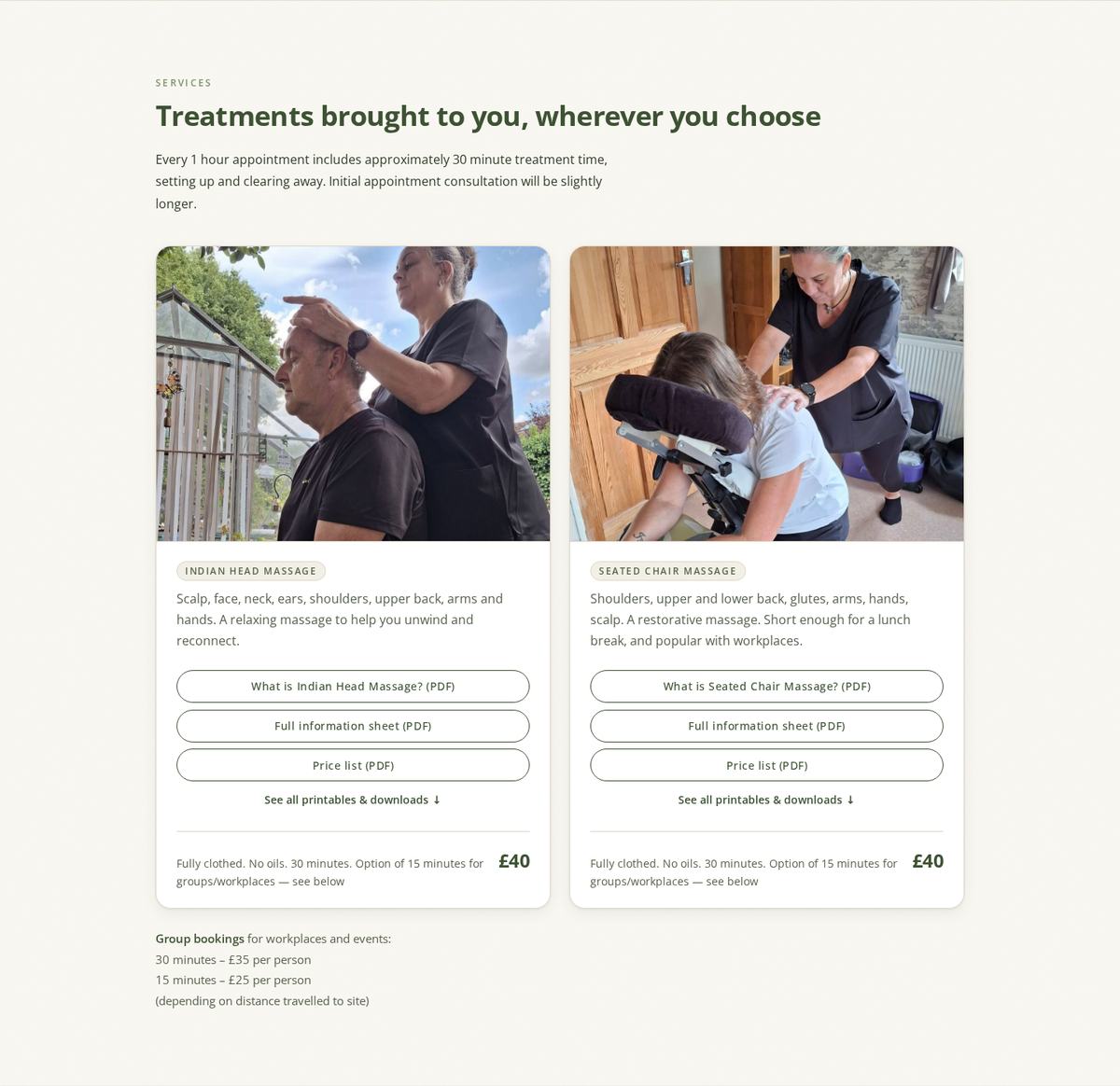 Treatments section: two photo cards for Indian Head Massage and Seated Chair Massage with PDF links and £40 price