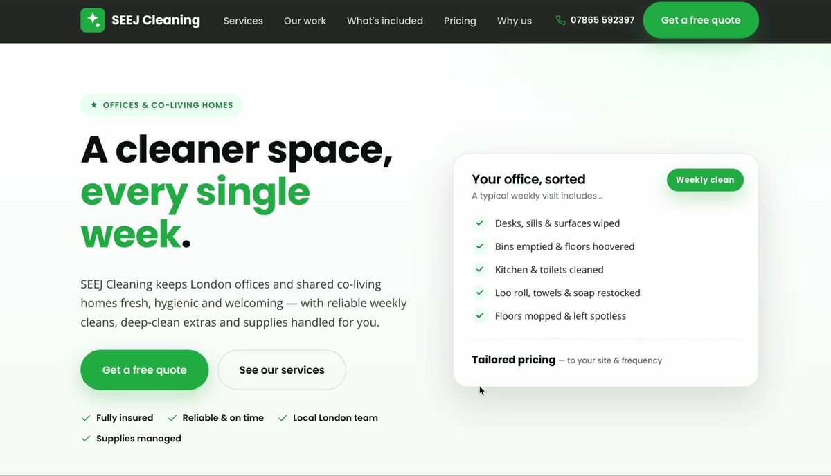 SEEJ Cleaning homepage with a green enquiry button and a weekly checklist