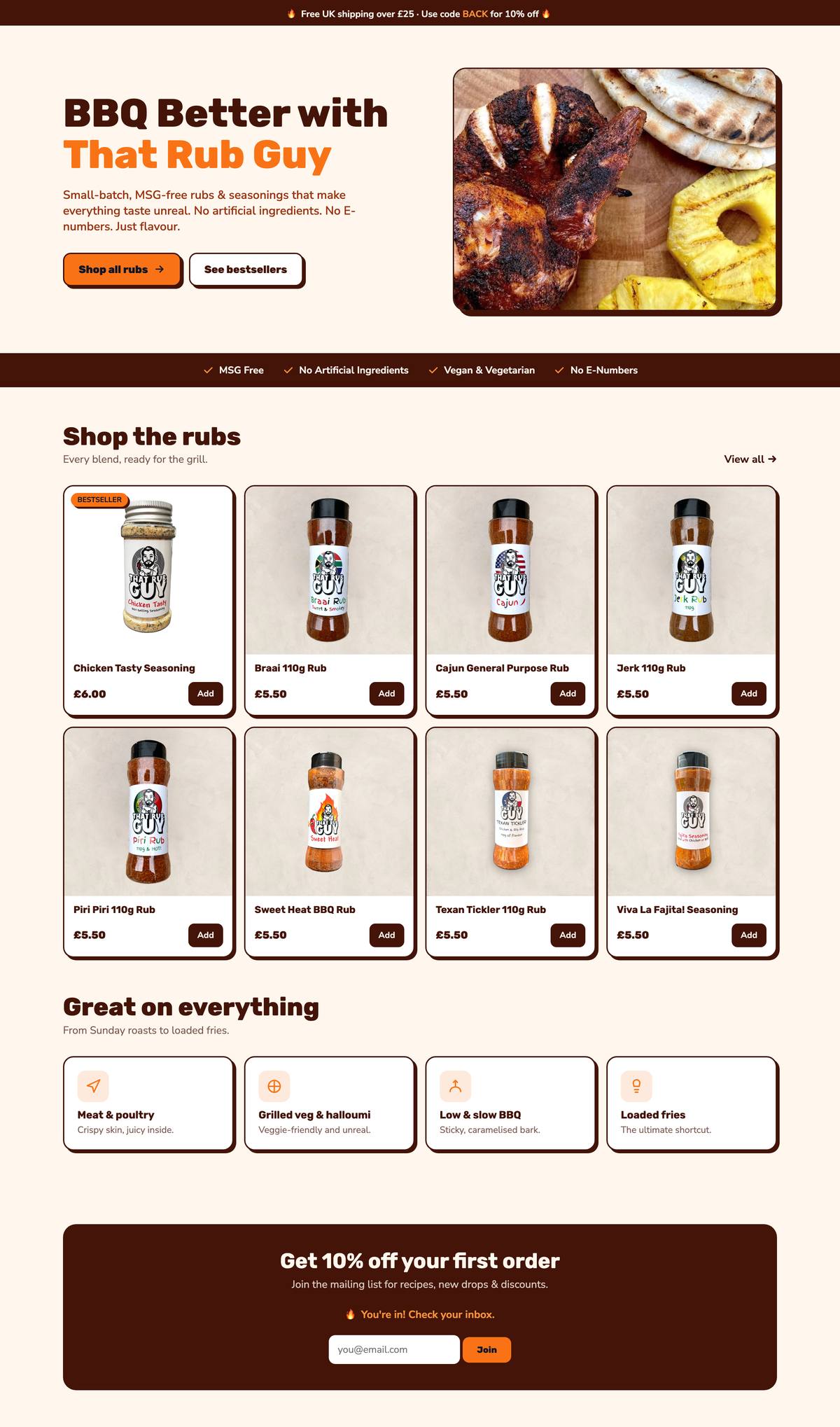 The new That Rub Guy homepage: headline, hero photo, trust bar, grid of eight rubs with Add buttons, use-cases and a 10% off email capture