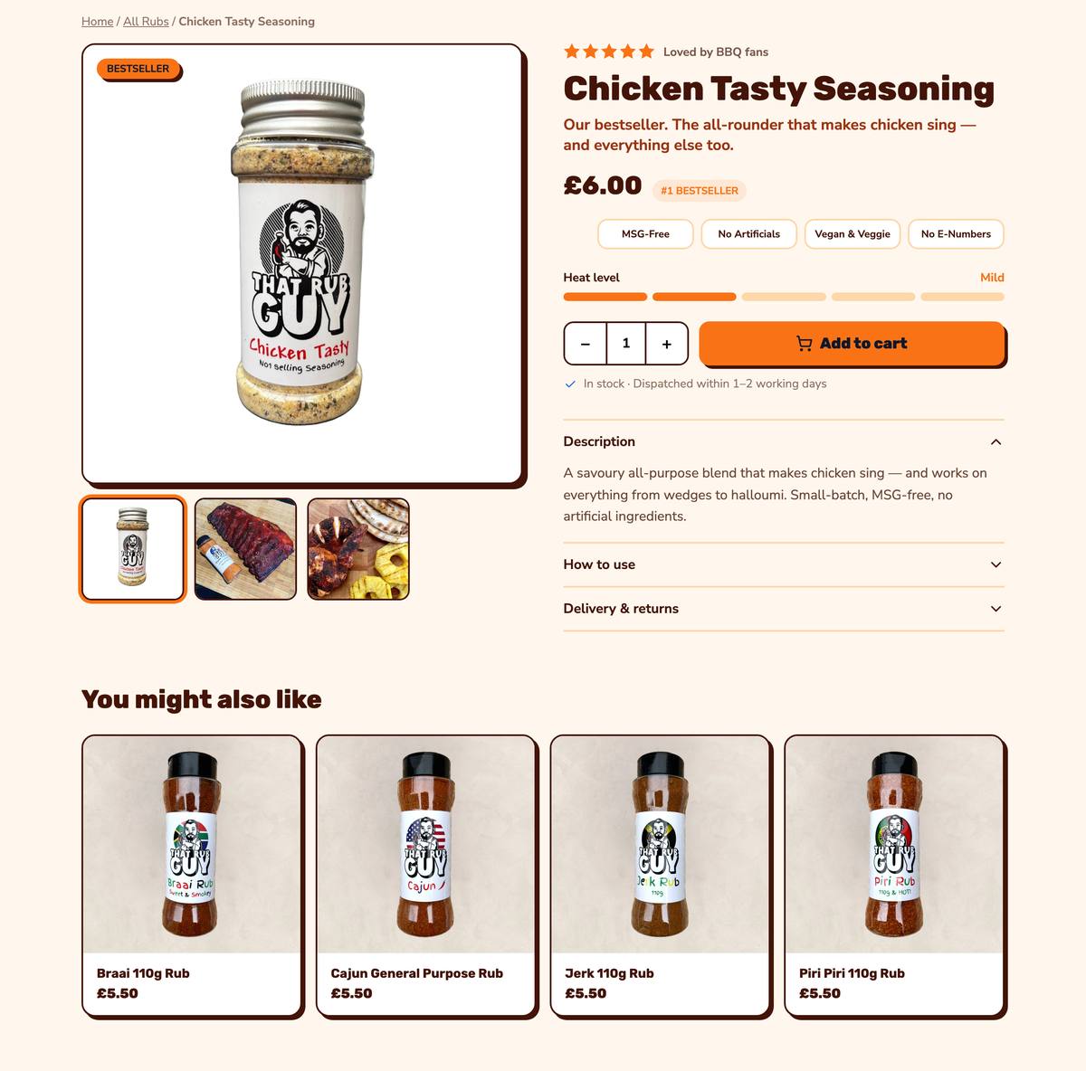 The Chicken Tasty Seasoning product page: bestseller badge, gallery, claims chips, heat-level bar, quantity and Add to cart, accordion description and you-might-also-like